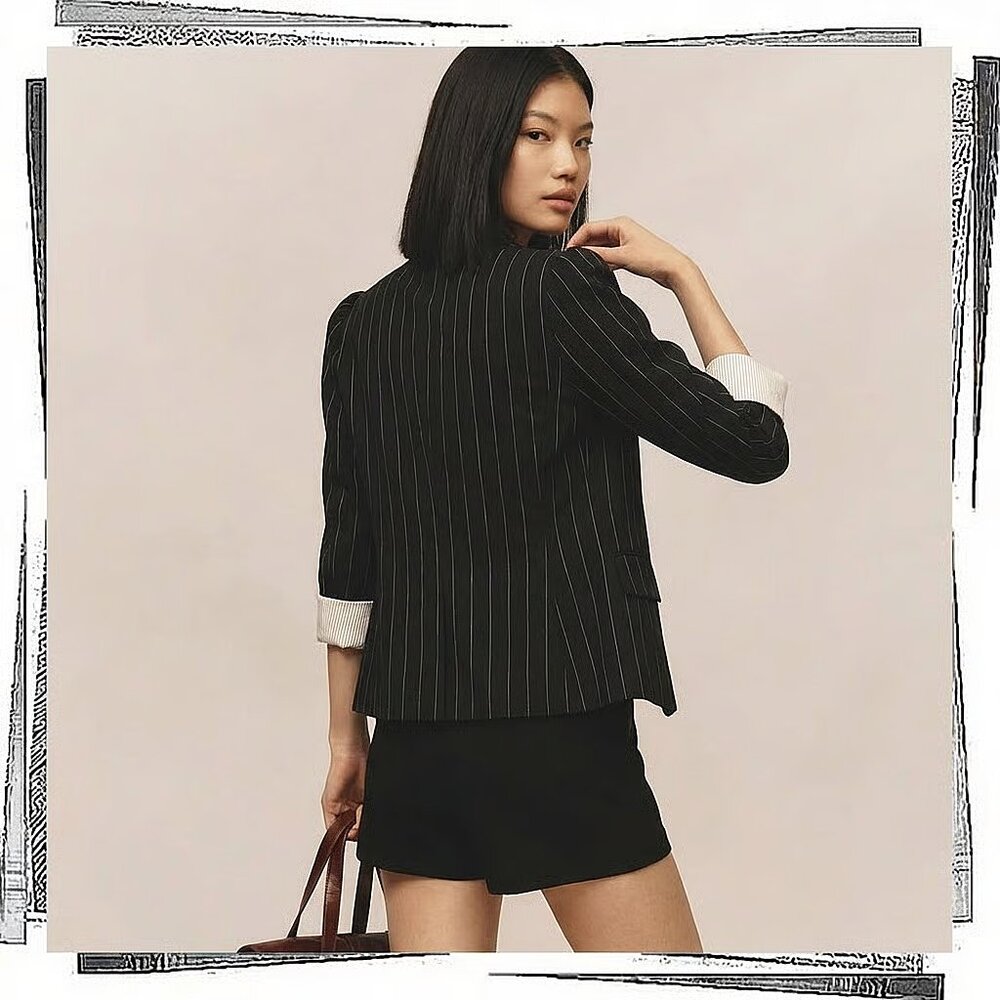 Vintage 2012 Wool Blend Black w Gray Pinstripe Jacket w Subtle Puff Sleeves (6) - Picture 3 of 7